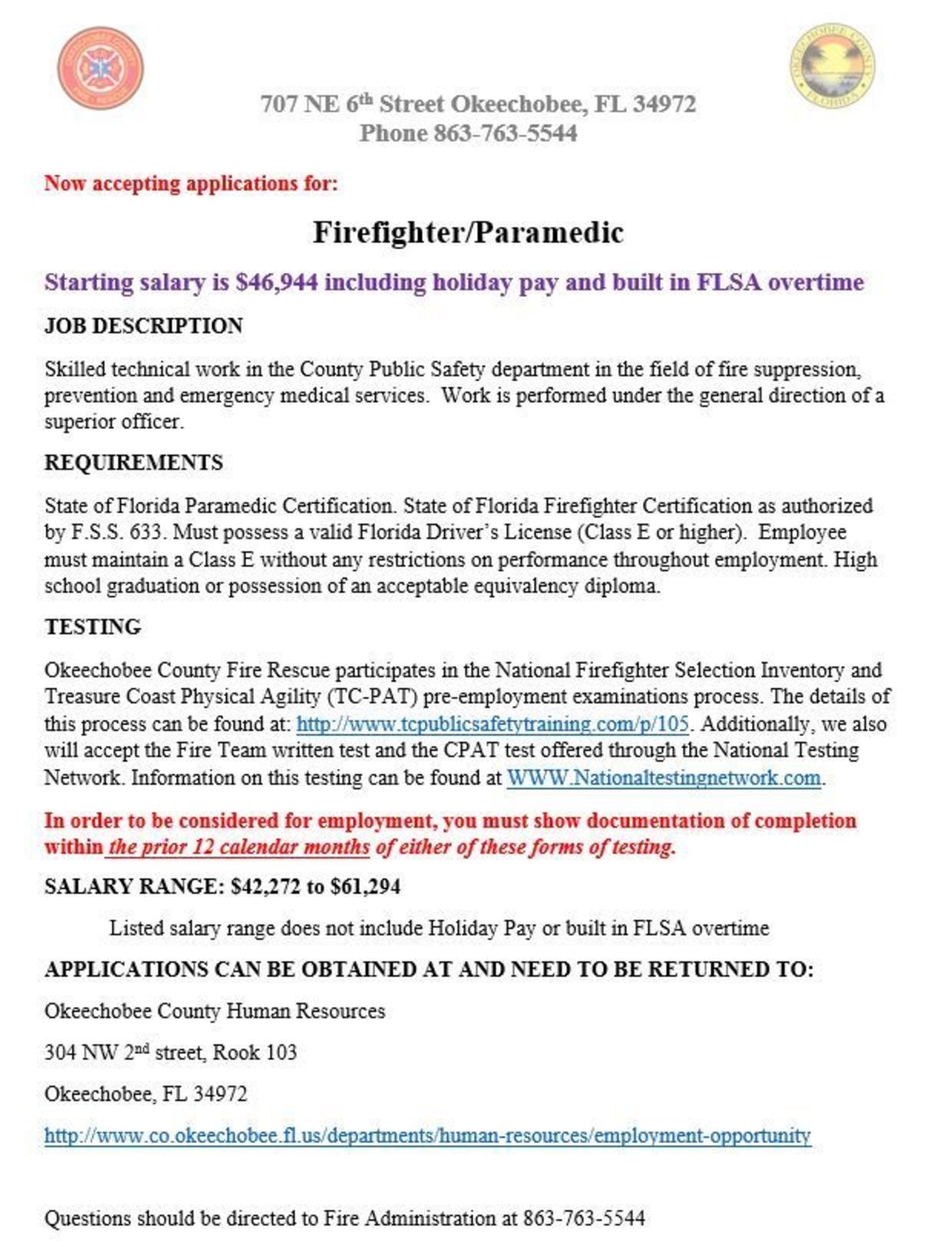 Okeechobee Hiring FF/Paramedic