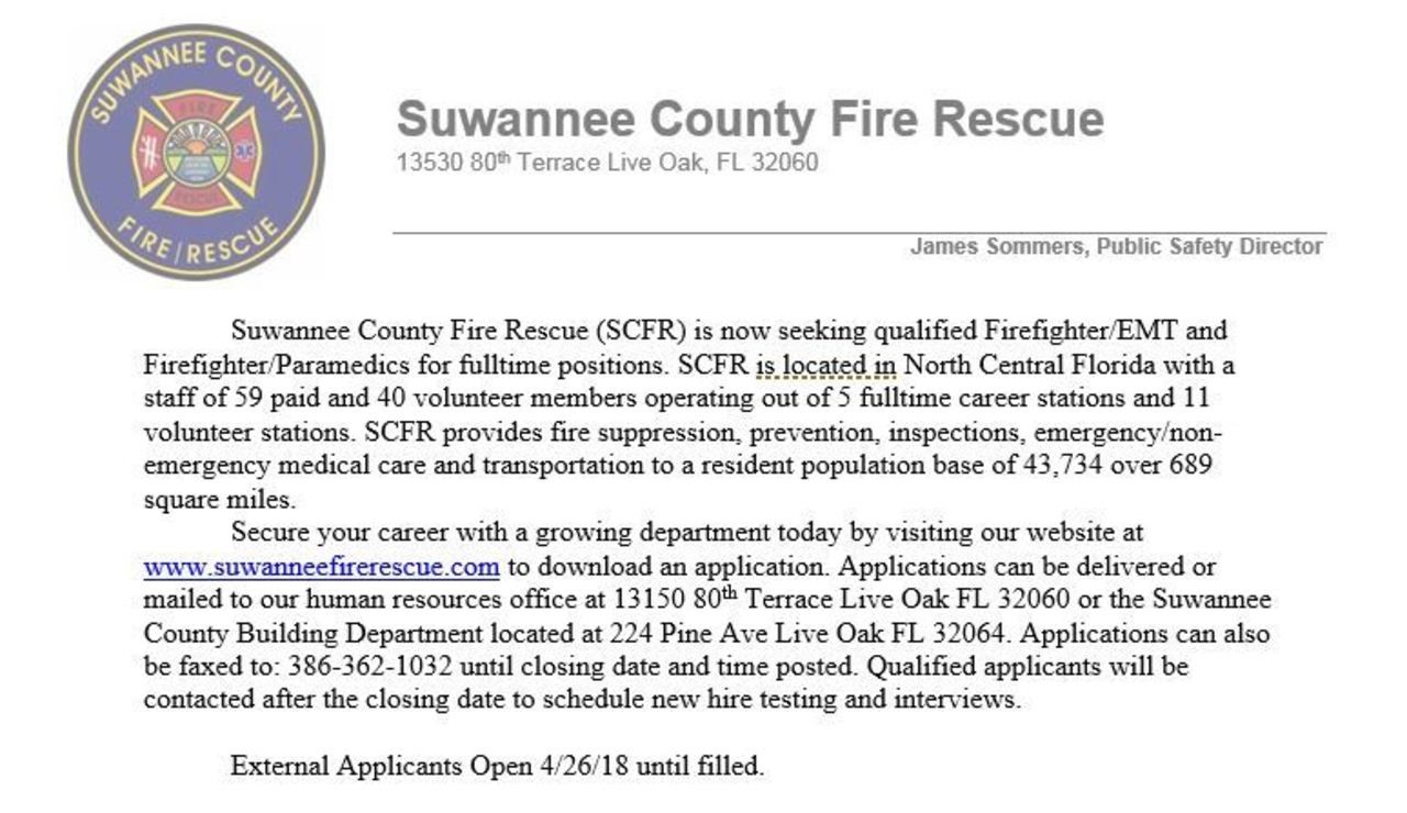 Suwannee Fire Rescue Hiring FF/EMT, FF/Paramedic