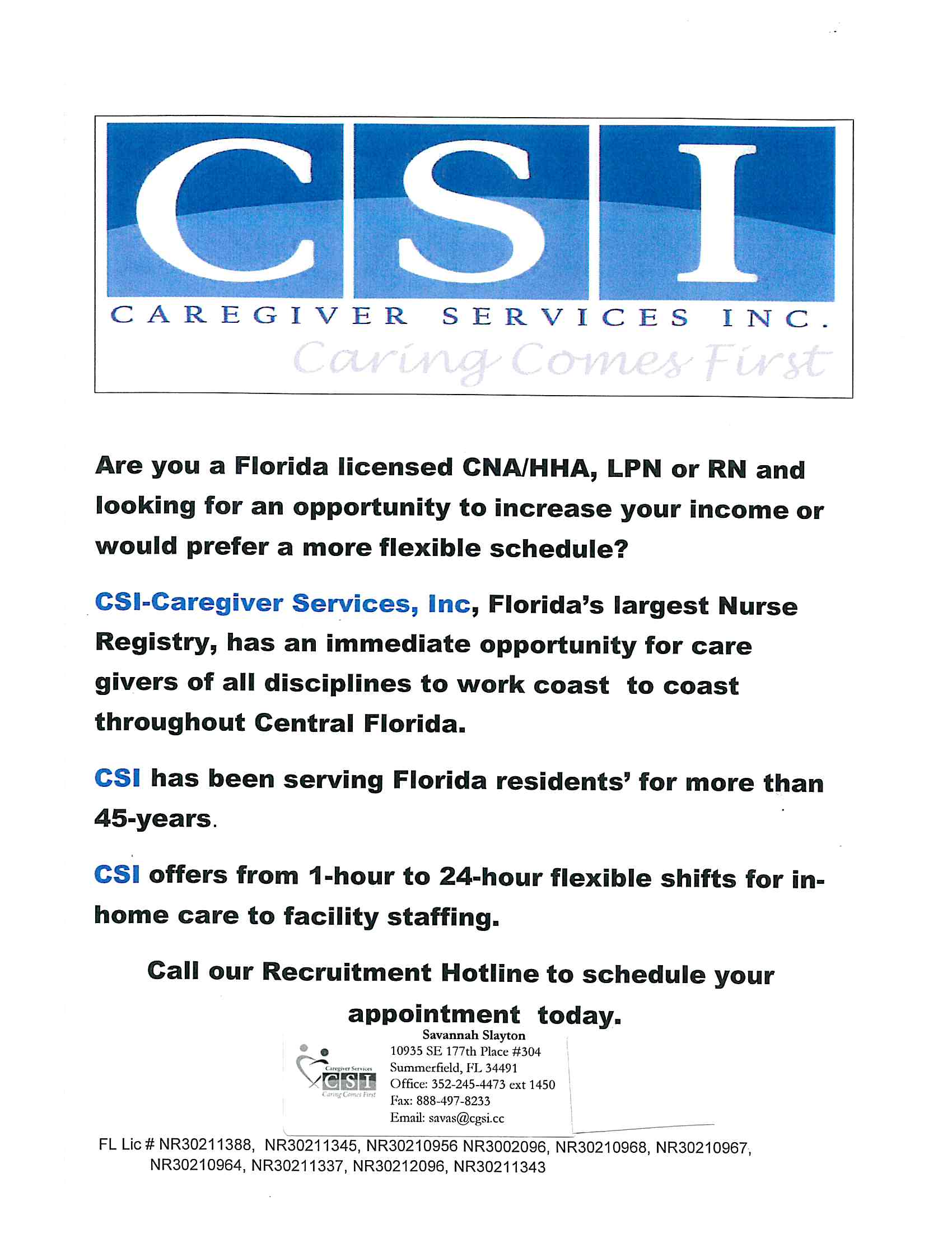 CSI-Caregiver Services, Inc. Hiring for CNA/HHA, LPN, RA