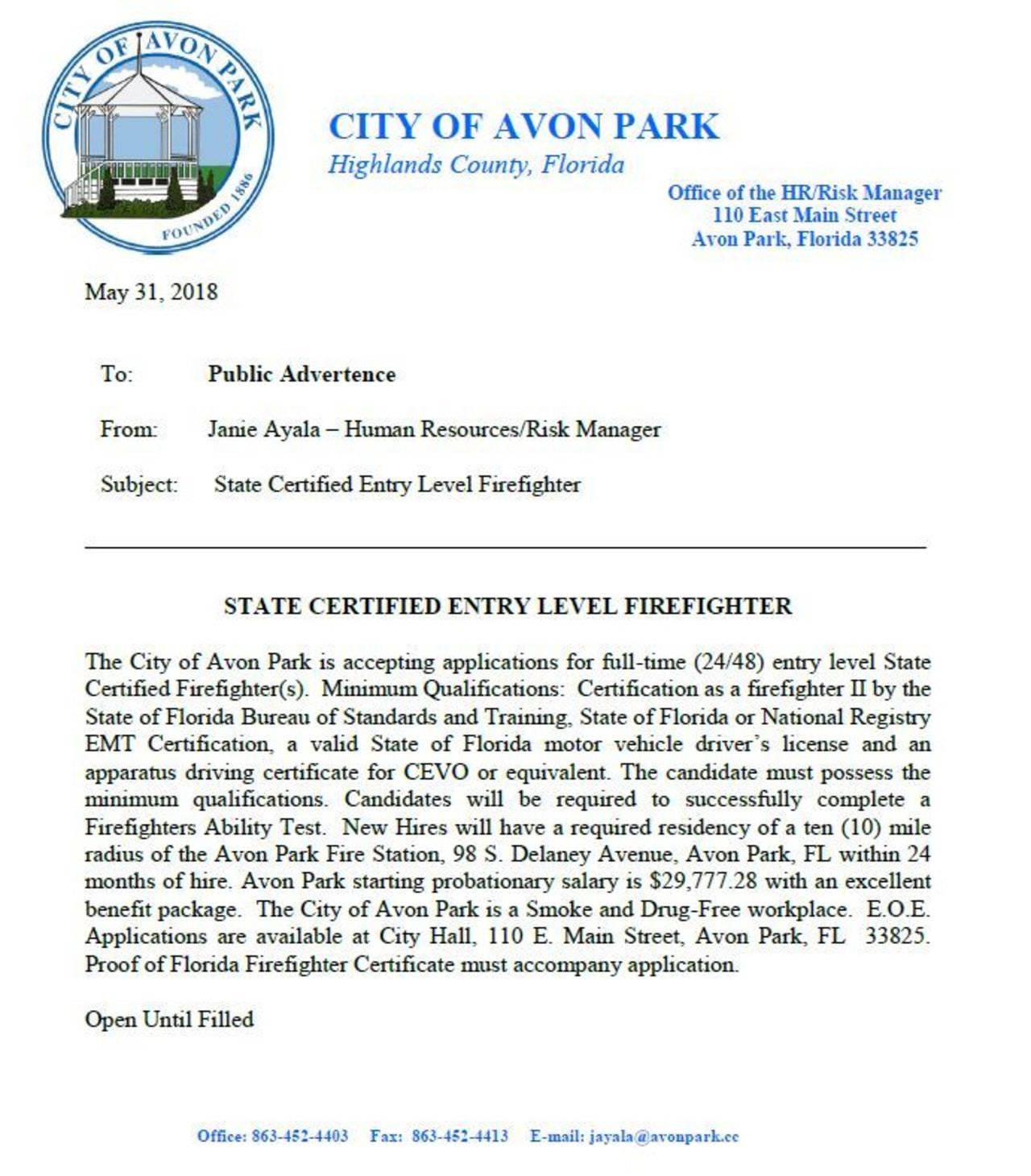 City of Avon Park Hiring Firefighters