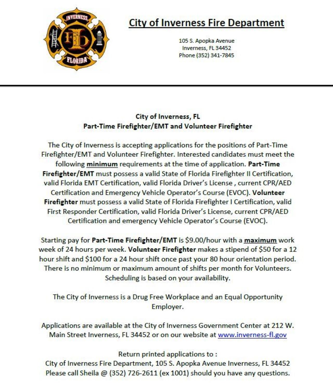 City of Inverness Hiring PT FF/EMT