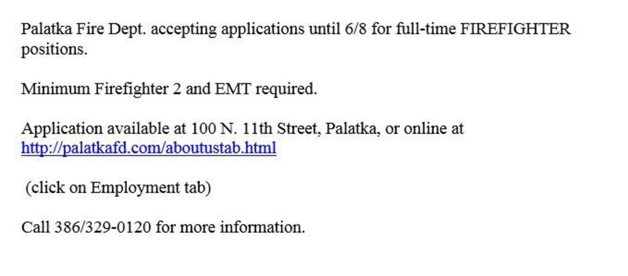 Palatka Fire Department Hiring Firefighters