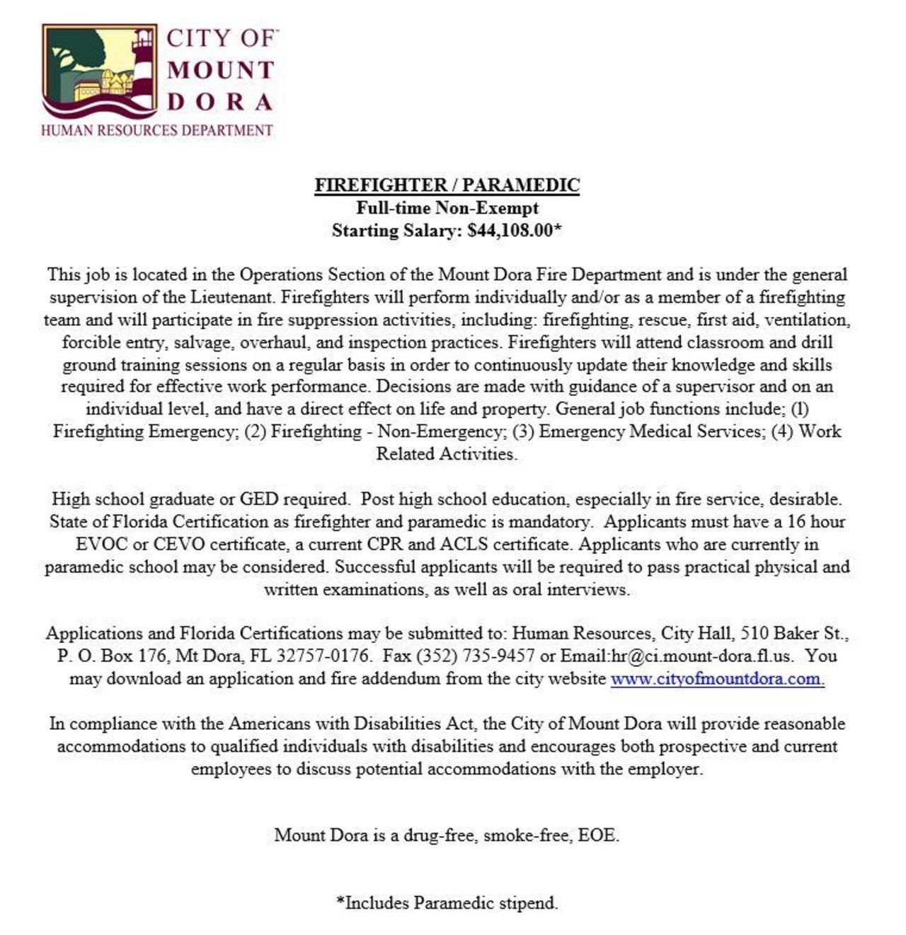 City of Mount Dora Hiring Firefighter/Paramedic