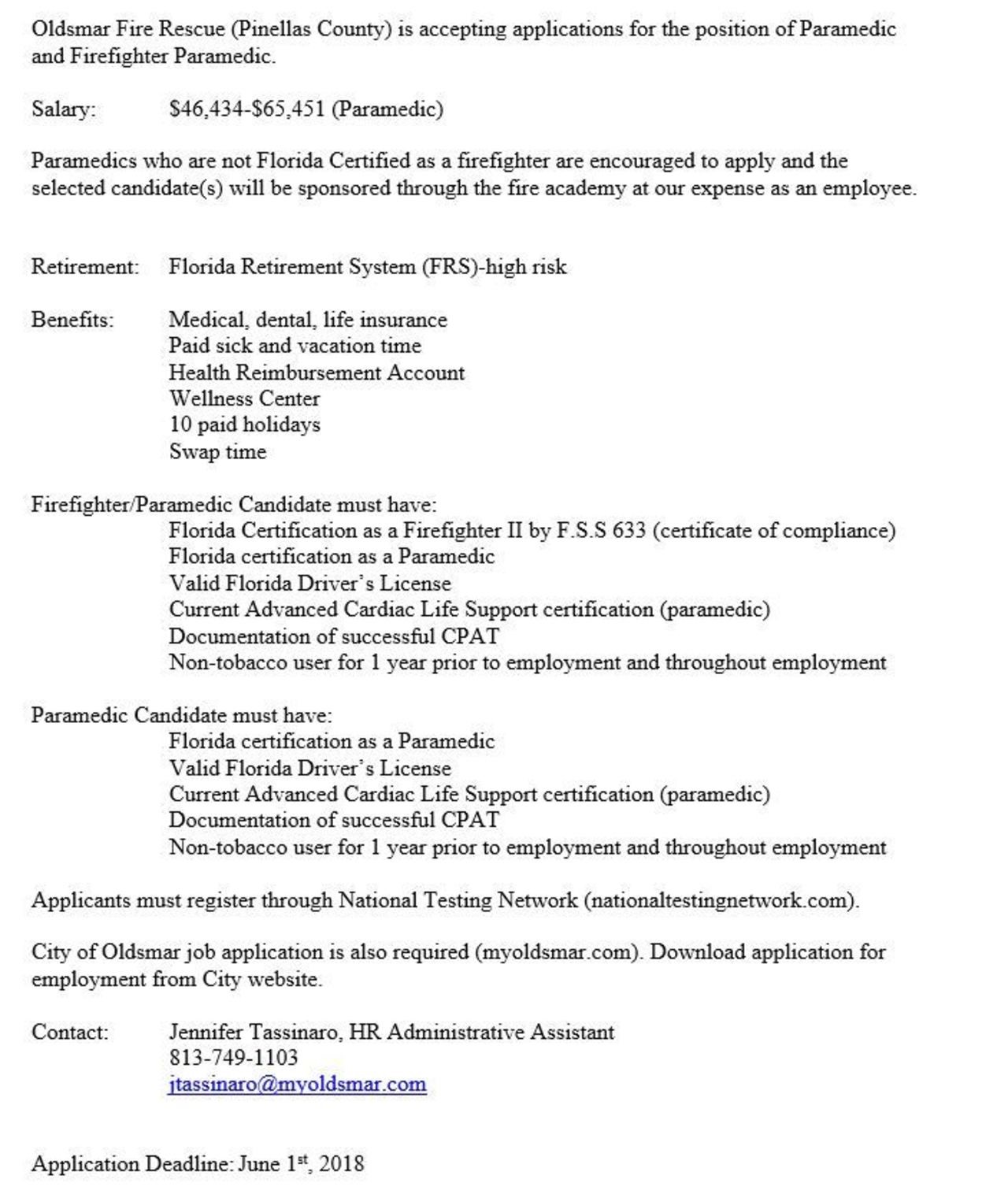 Oldsmar Fire Rescue Hiring Firefighter/Paramedic