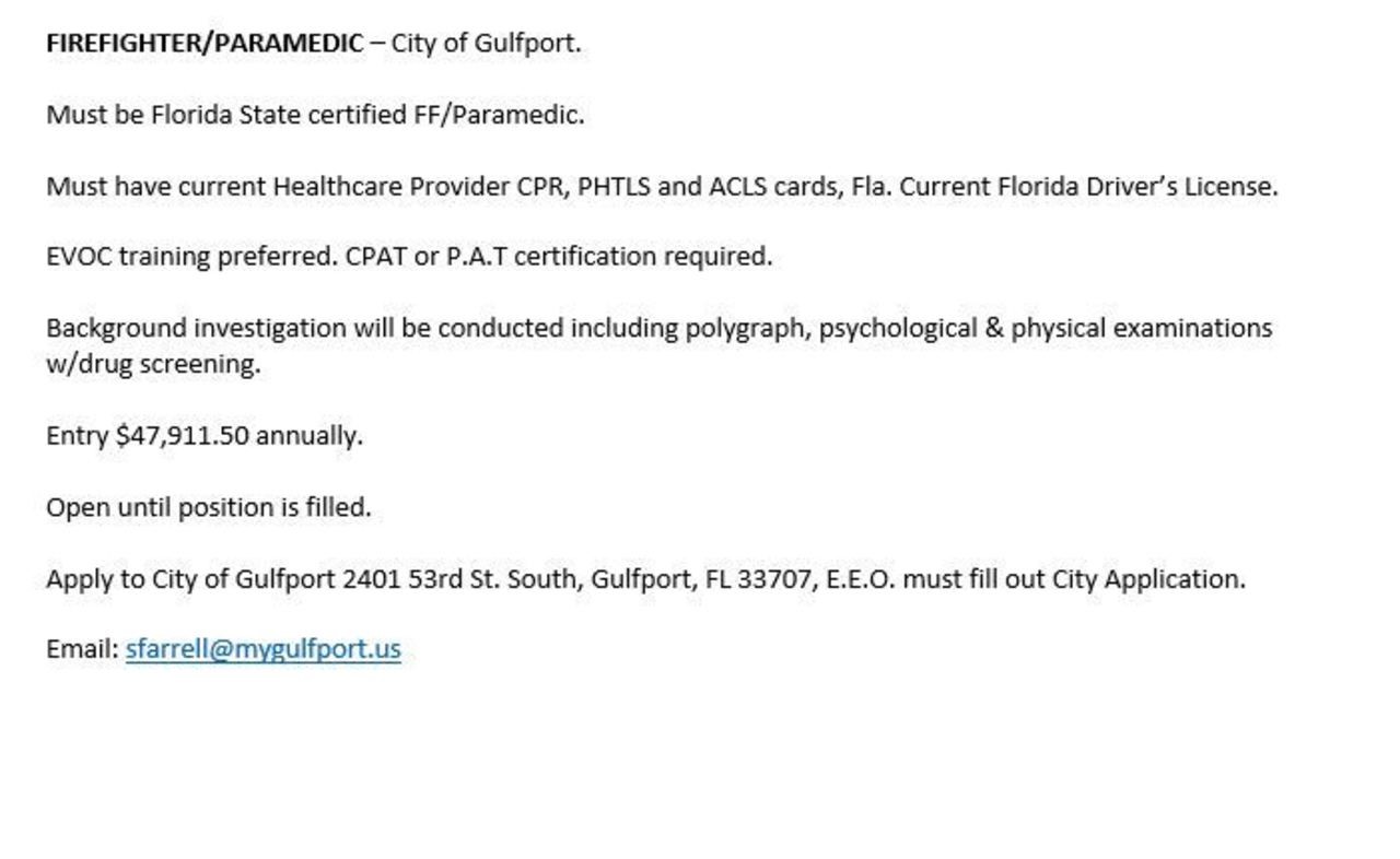 City of Gulfport Hiring Firefighter/Paramedic