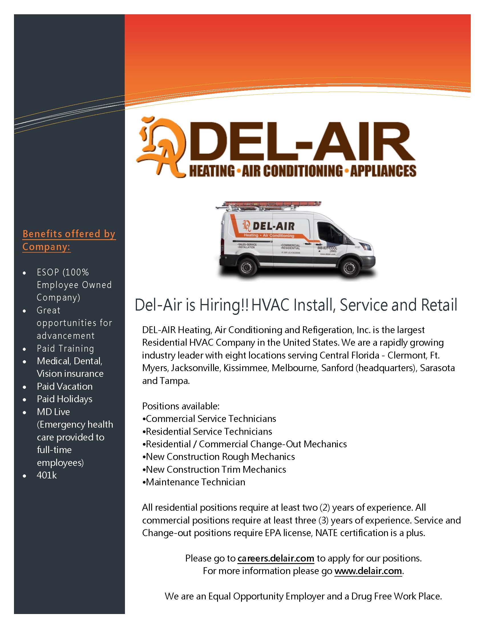 Del-Air is Hiring HVAC Install, Service, & Retail