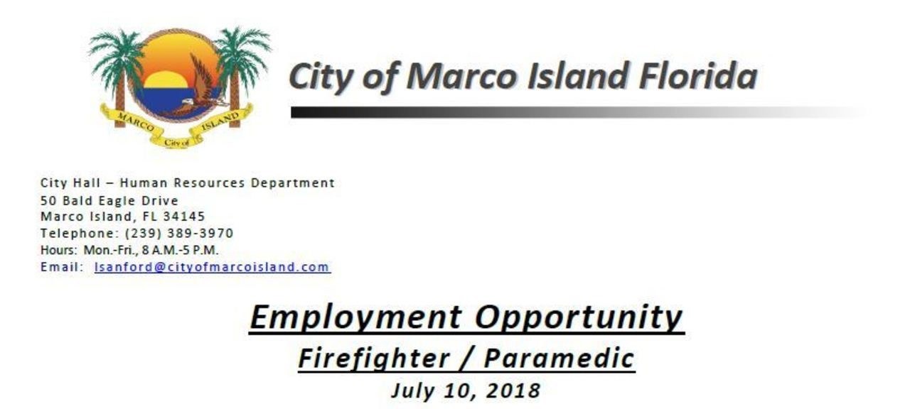 City of Marco Island Hiring FF/Paramedic