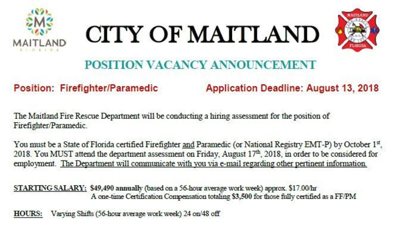 City of Maitland Hiring Firefighter/Paramedic