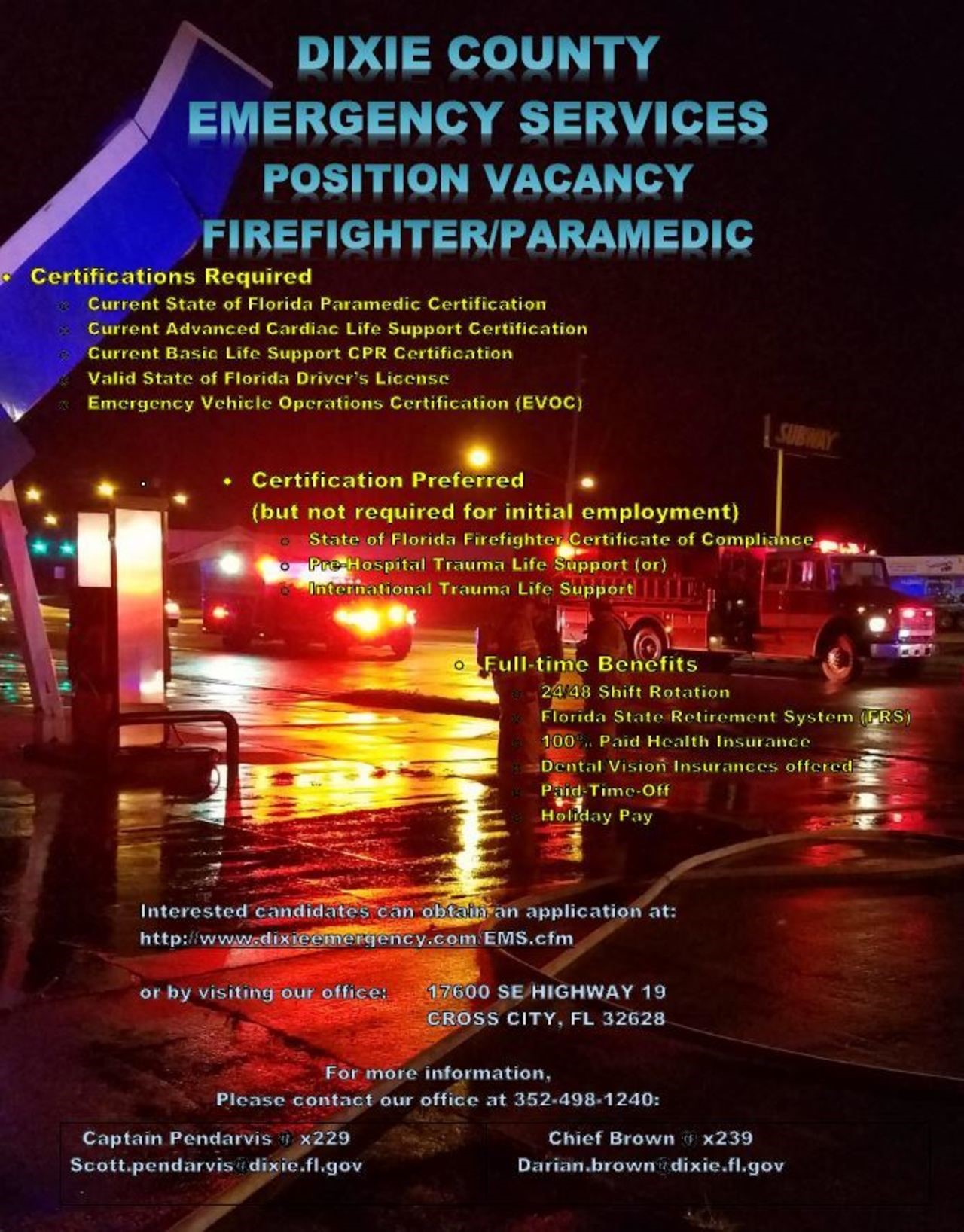 Dixie County Emergency Medical Services Hiring FF/Paramedic