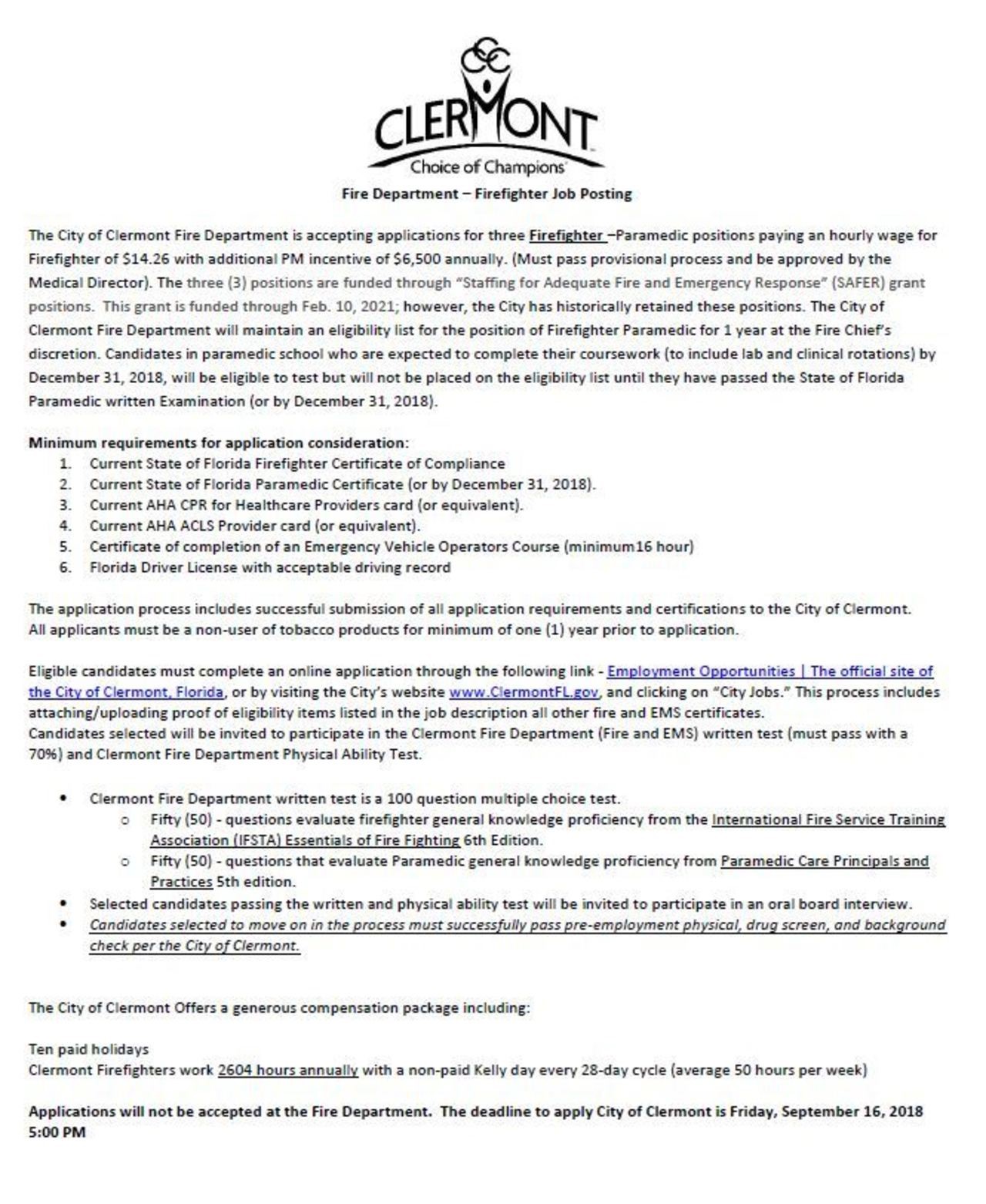 City of Clermont Hiring three FF/Paramedics