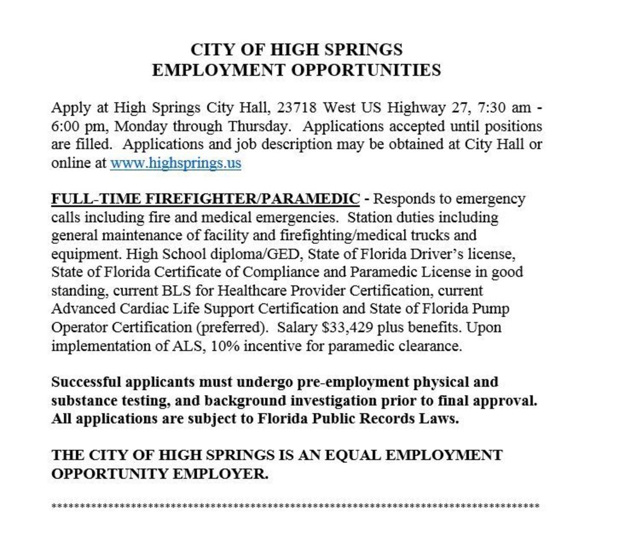 City of High Springs Hiring FF/Paramedic