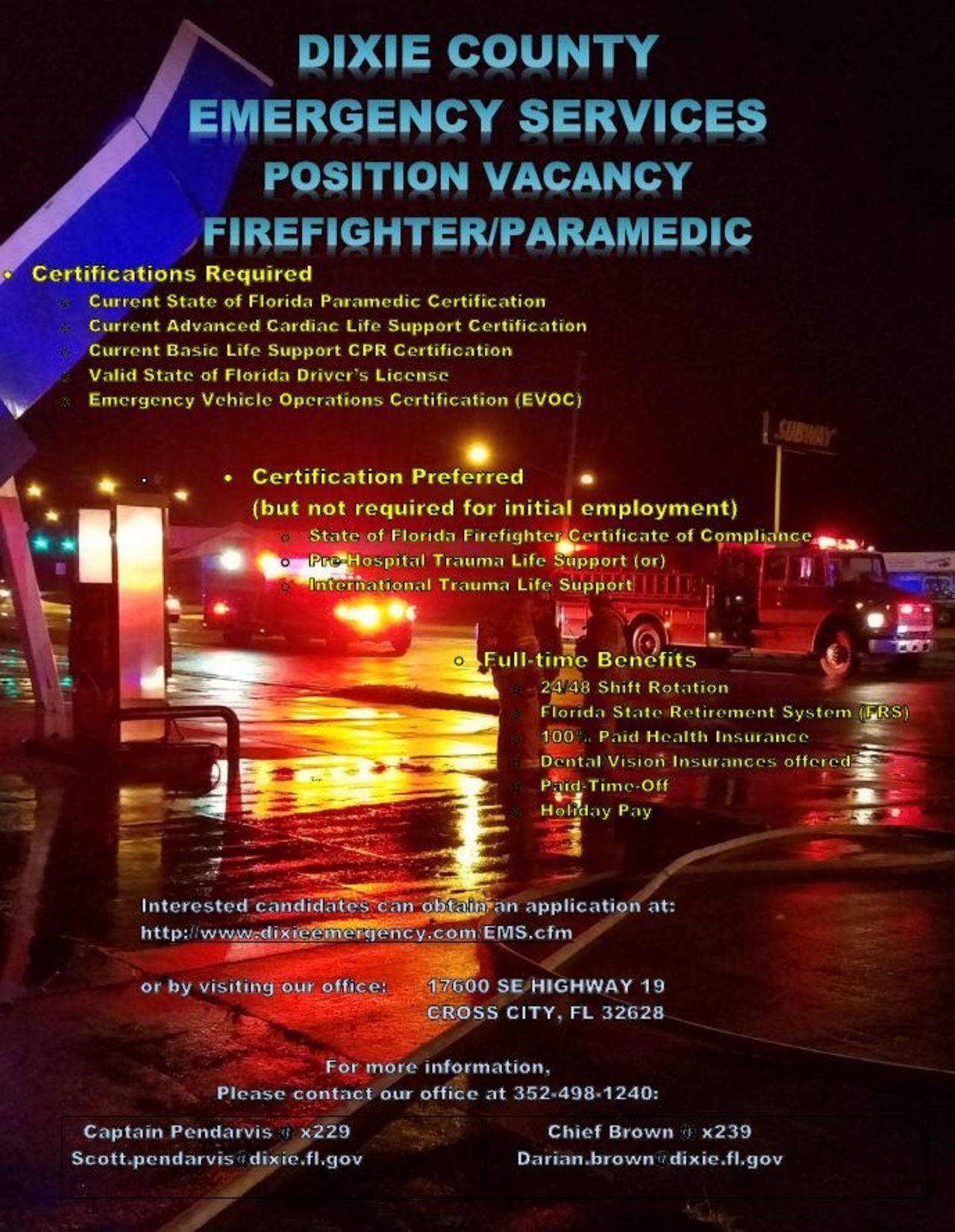 Dixie County Emergency Services Hiring FF/Paramedic