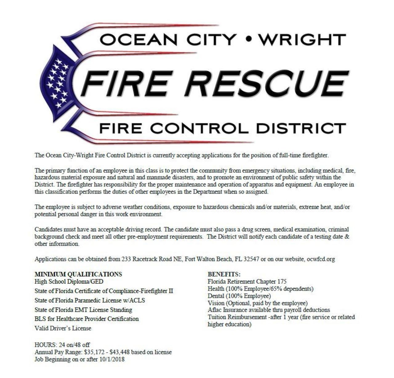 Ocean City – Wright Fire Rescue Hiring Firefighter